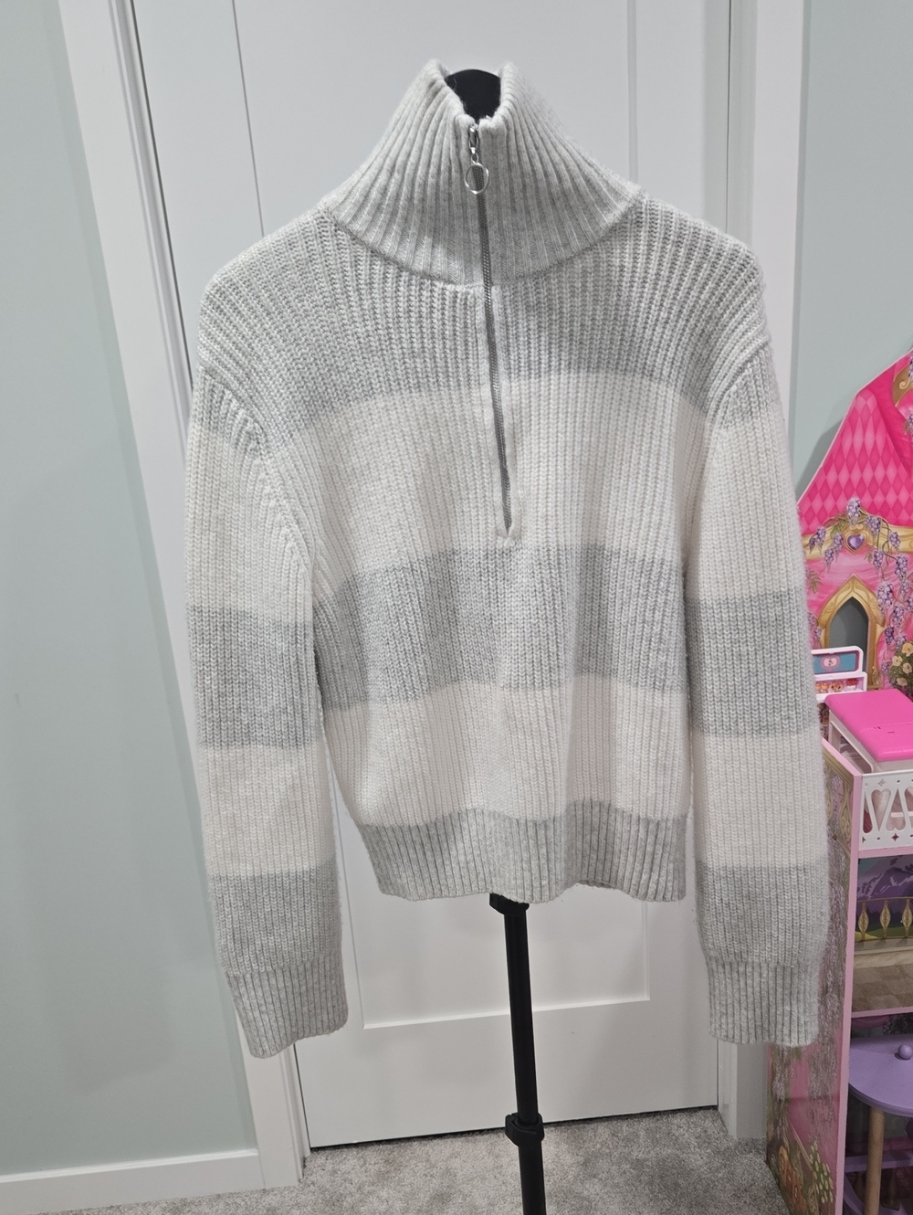 Striped Half-Zip Cowl Sweater in Cream and Light Gray